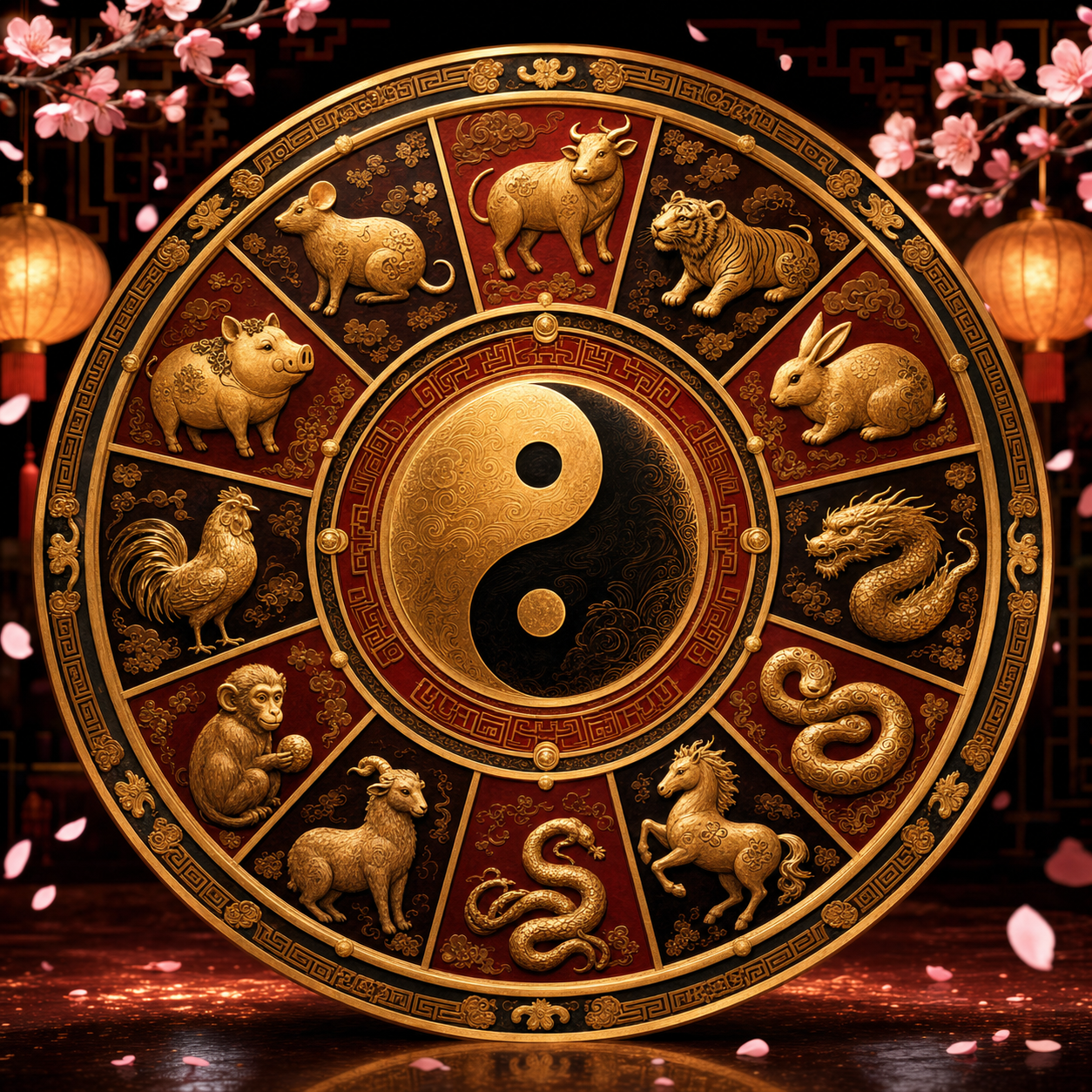 Roata zodiacului chinezesc cu cele 12 animale din aur și simbolul yin-yang în centru