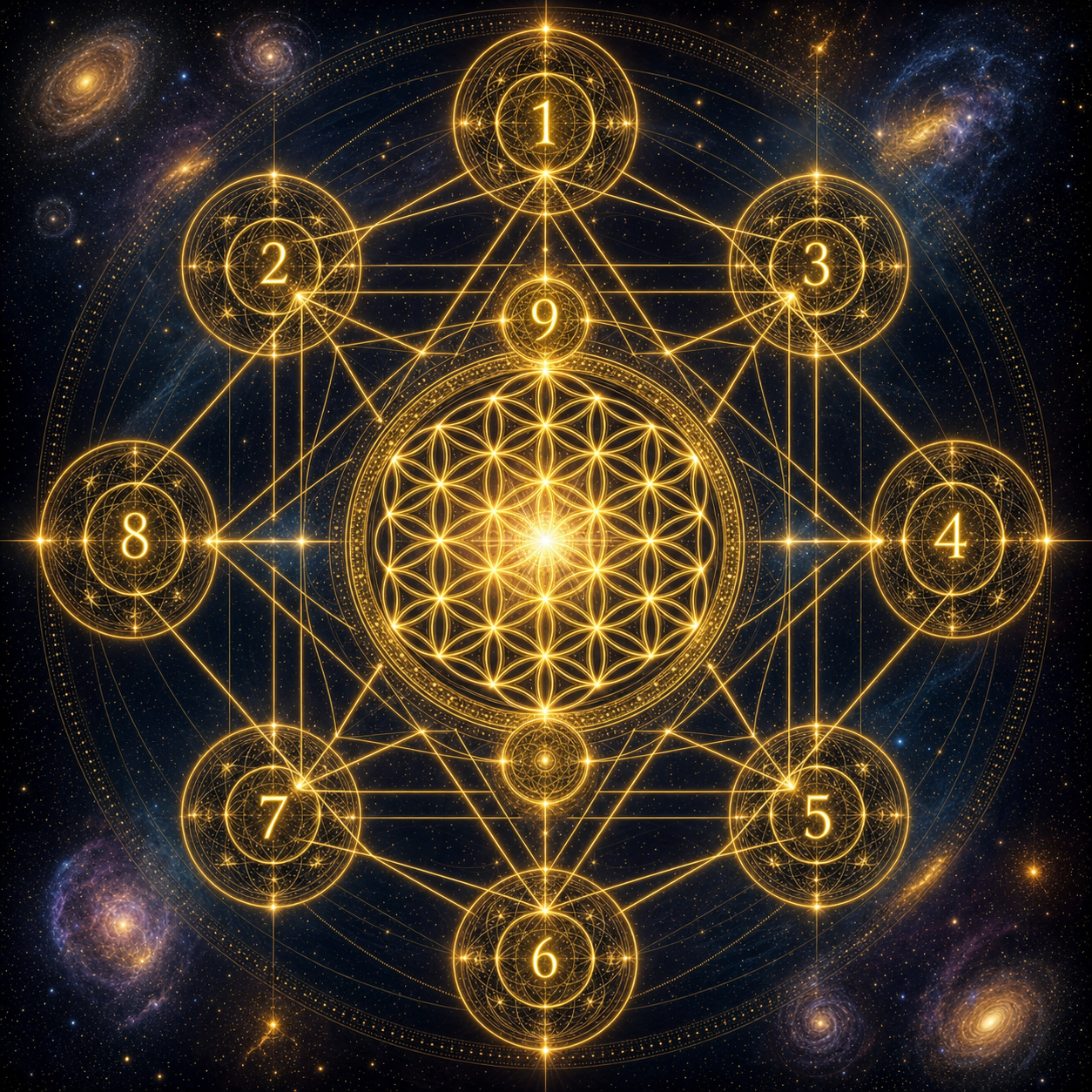Geometrie sacră cu numerele de la 1 la 9 dispuse în Cubul lui Metatron