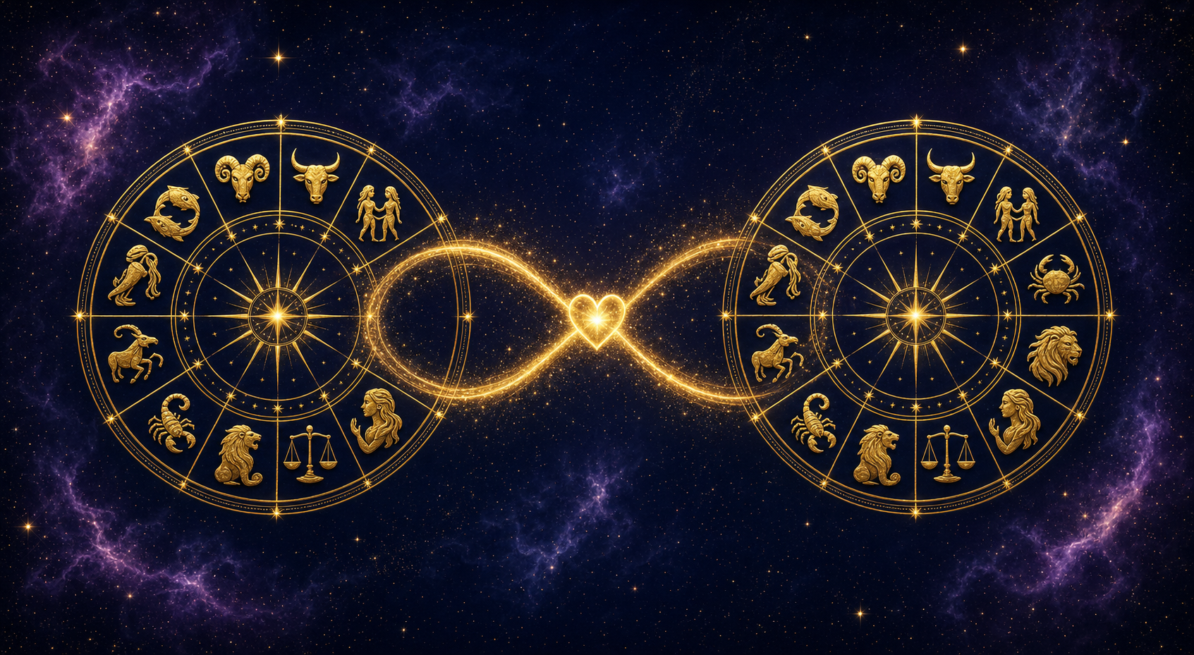 Două roți zodiacale unite printr-un simbol al infinitului cu o inimă în centru, pe un fundal înstelat